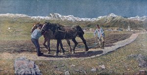 Boeren ploegen een veld in het noorden van Italië, illustratie uit het tijdschrift 
